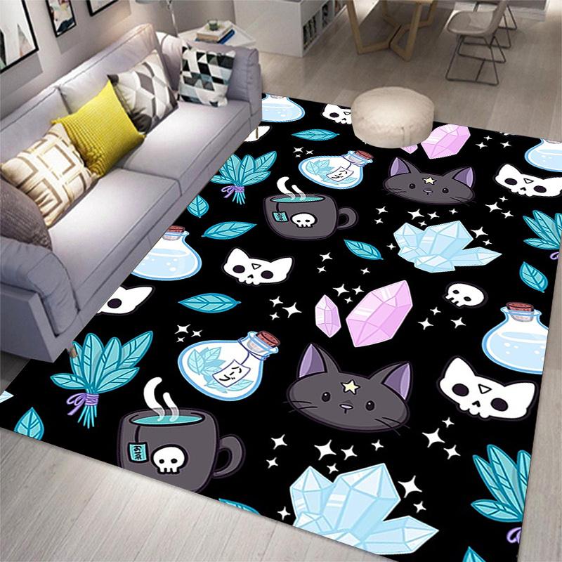 Charming Skull Cat Halloween Floor Mat - Machine Washable Polyester Rug for Living Room & Bedroom Decor