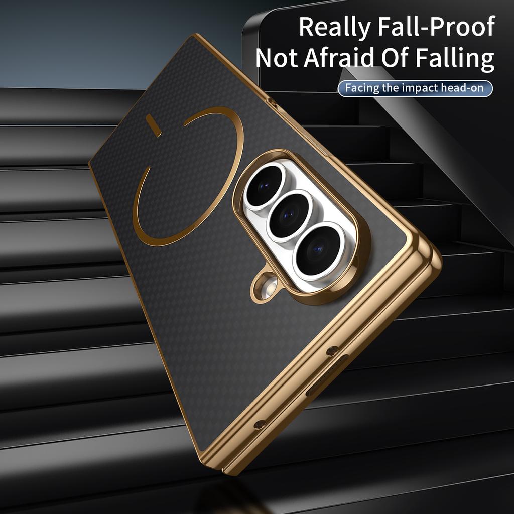 Plating Kavlar Magnetic Phone Case for Galaxy Z Fold 7/6 with Wireless Charging Compatible with Samsung -Includes Tempered Glass