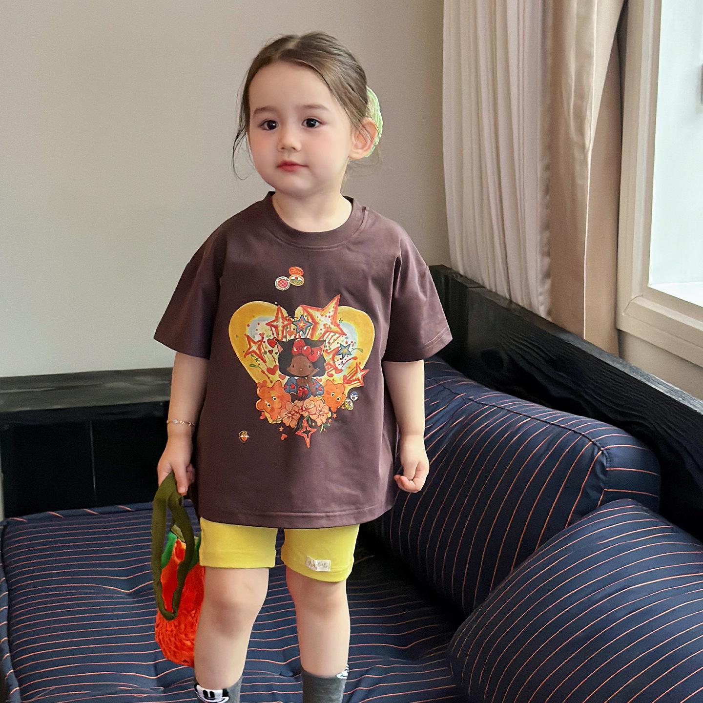 Girls Loose Cartoon Half-Sleeve T-Shirt - Summer 2026 Korean Style 90cm коричневый