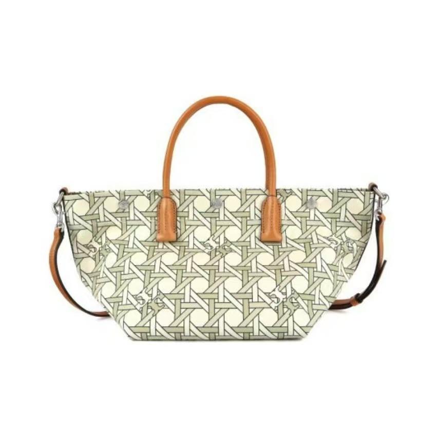 

Tory Burch Iconic Woven Basket Pattern Removable Shoulder Strap Canvas With Leather Trim Tote Bag Shopping Bag Crossbody Handheld Small 139025-100 Basic Set (Bag+Dust Bag)