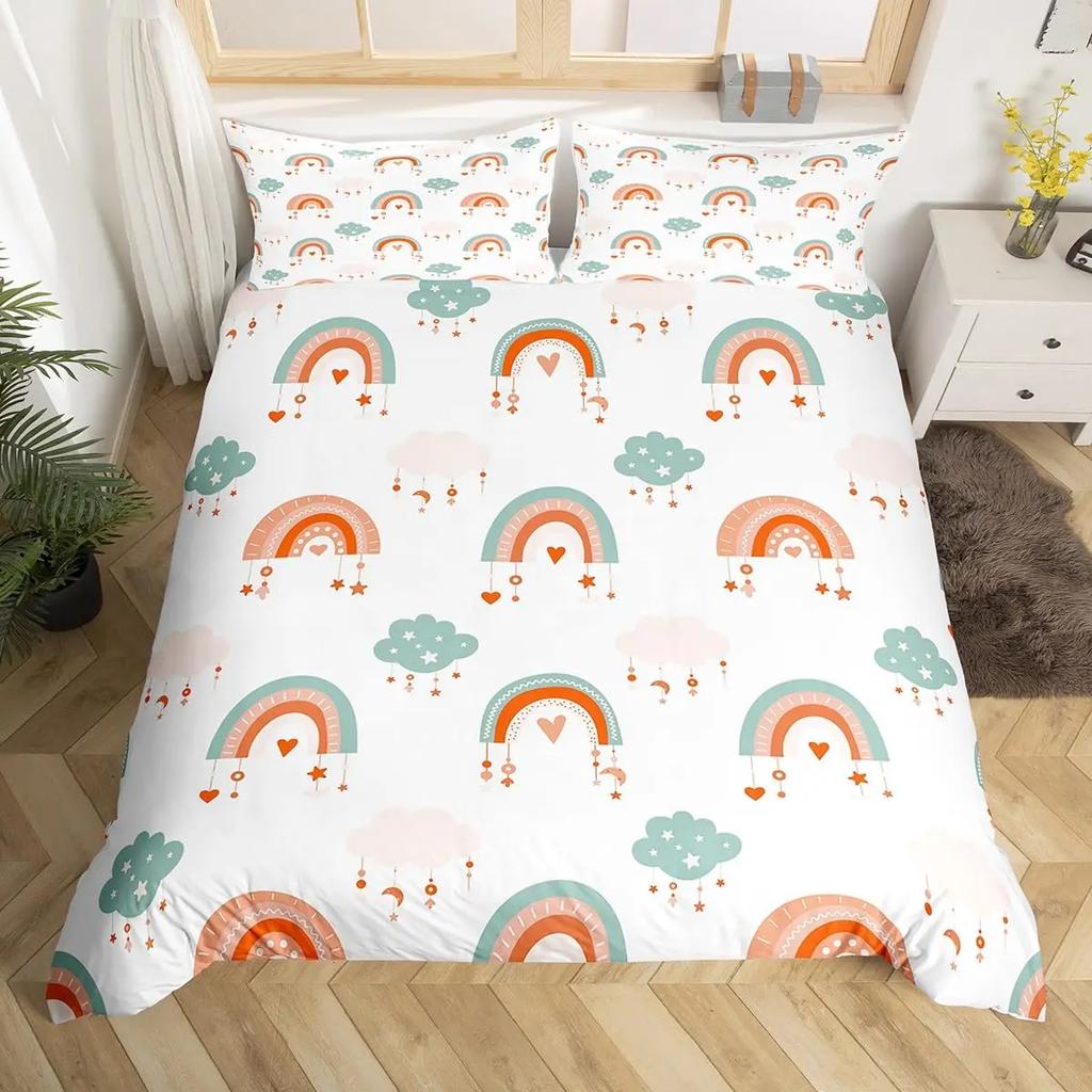 Cartoon Rainbow Sun Bedding Set For Girls Kids Bedroom Decor Comforter Cover Kawaii Art Duvet Cover Polyester Comforter Cover