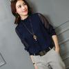 Lace Chiffon Shirt for Women Long-sleeved Shirt Ruffled Shirt Sexy Plus-size Top with Stand Up Collar
