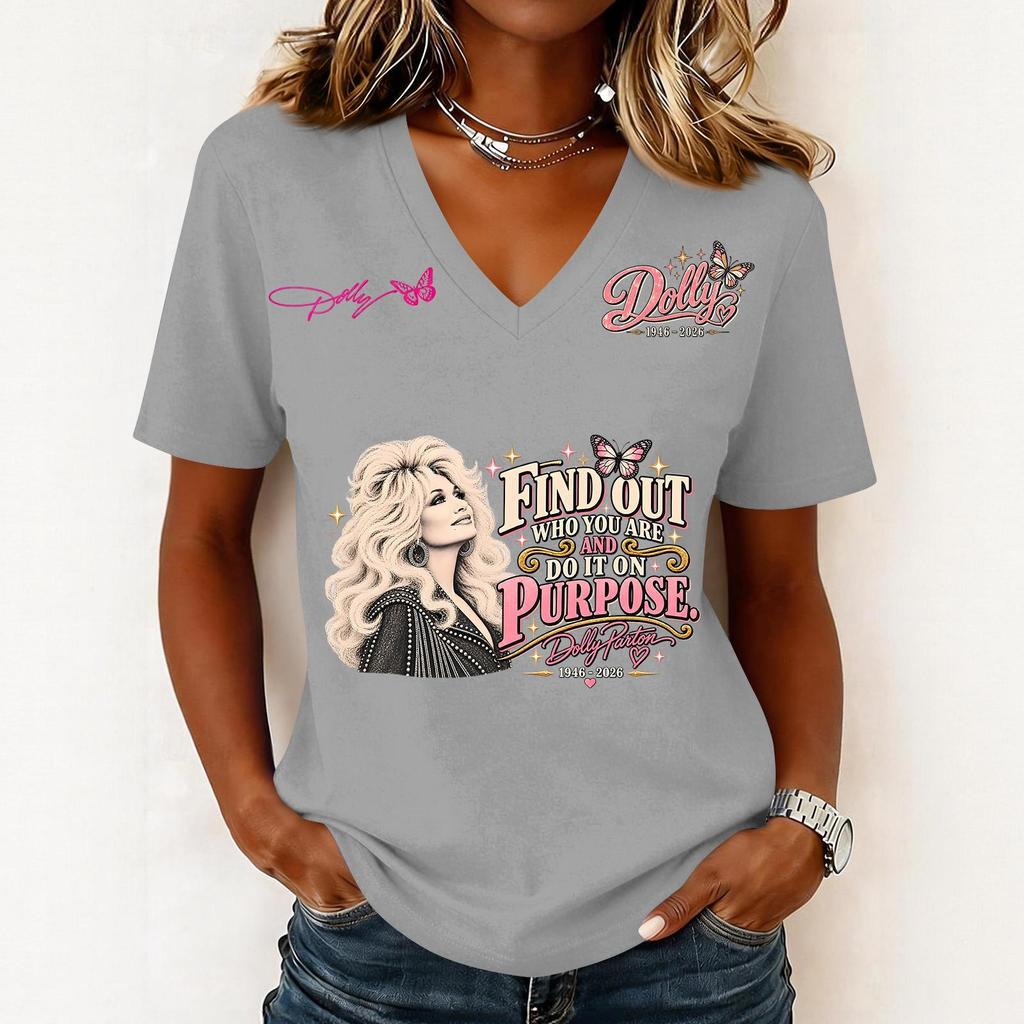 Women's Casual V-Neck Letter Print Short Sleeve Pullover T-Shirt for Everyday Wear