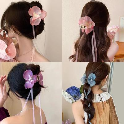 Elegantní květinová orchidej spona na dráp Vintage stuha Dlouhý střapec Spona do vlasů Holčička s korejským culíkem Vlasové doplňky Pokrývky hlavy