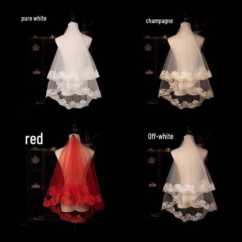 European & American Single-Layer Off-White Bridal Veil with Lace Edge