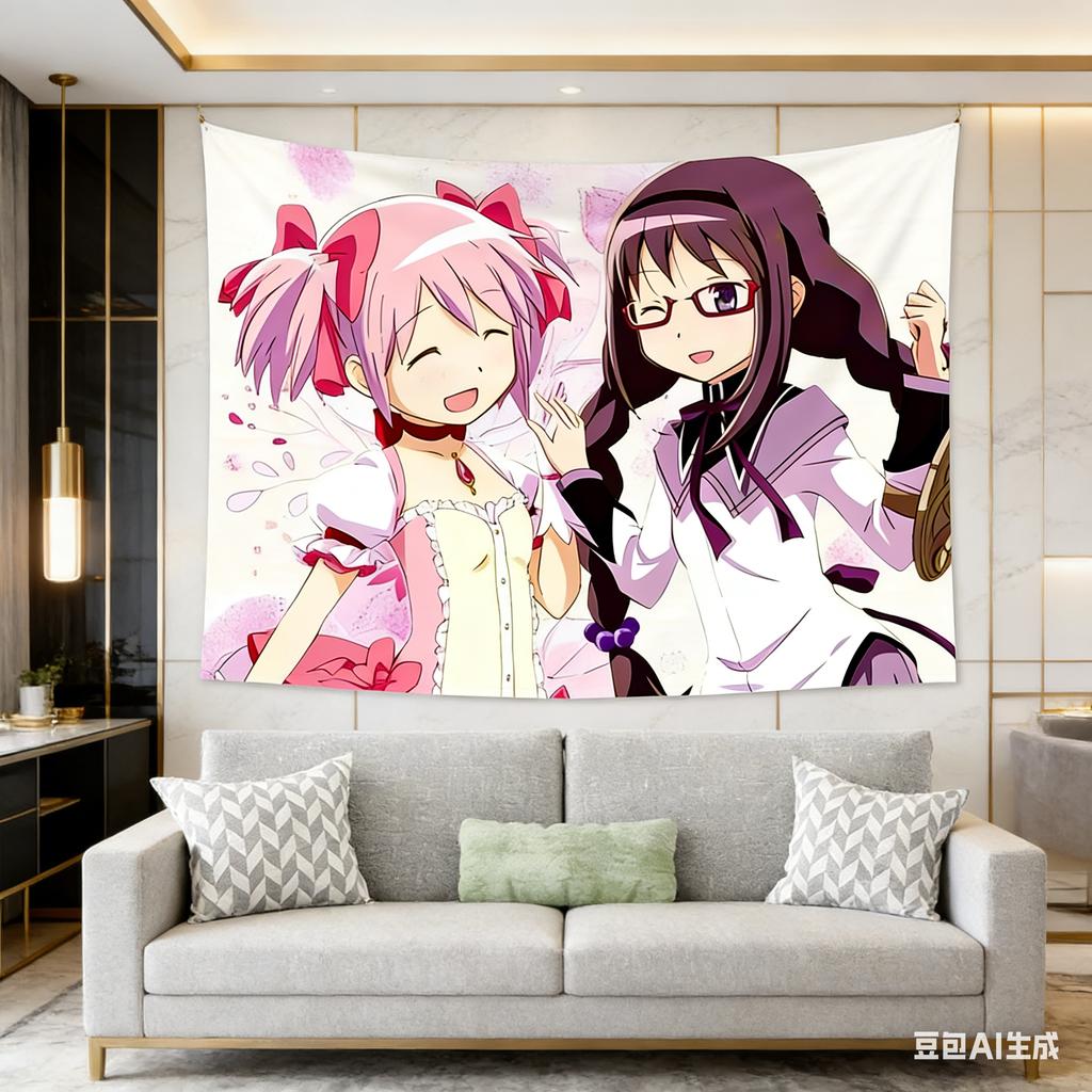 1pc Cute Madoka Magica Tapestry Pink Magical Girl Anime Print Soft Polyester 2D Wall Art Aesthetic Backdrop for Bedroom Dorm