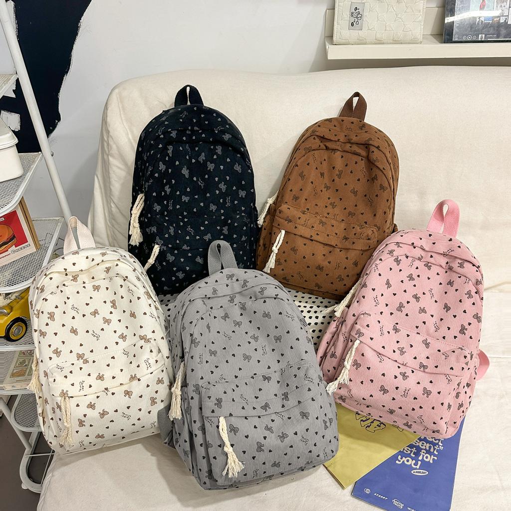 Schoolbag New Corduroy Bow Printed Backpack Casual Student School Bag Junior High School Student School Bag Travel Backpack