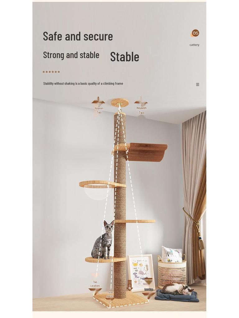 Boden-bis-Decke Katzenkratzbaum mit Raumkapsel & Kratzstamm, Massivholz, Vier Etagen, Katzenkletterspielzeug