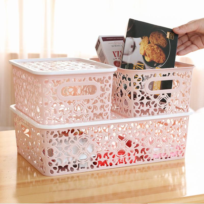 Plastic Storage Box Stackable Storage Container Hollow Out Delicate Storage Basket With Lid For Clothes Toy Home Storage Supply