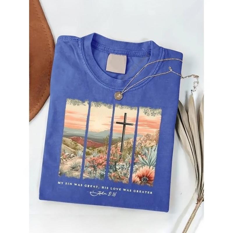 

European sizes Men s Washed T-Shirt - Mountain Flowers & Cross Print Retro Graphic Tee, Batik-Inspired Casual Short Sleeve Top for Summer and Outdoor 5XL синій