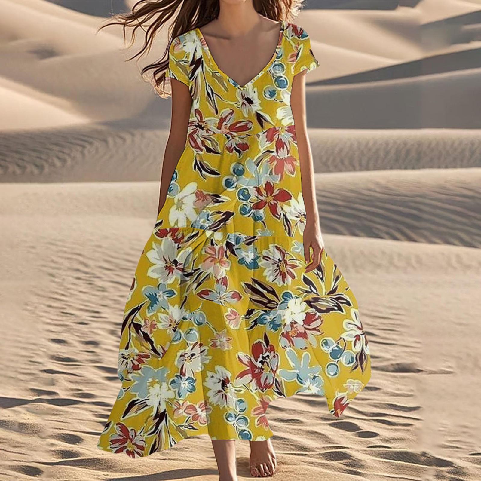 

Женские летние модные пляжные платья с V-образным вырезом и коротким рукавом с цветочным принтом XL жёлтый