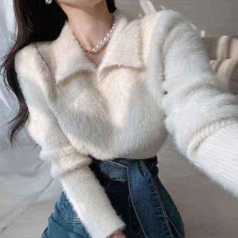 Temperament Celebrity Imitation Mink Sweater Women's Autumn and Winter Lapel Collar Foreign Style Waist Design Knitted Sweater Short Top