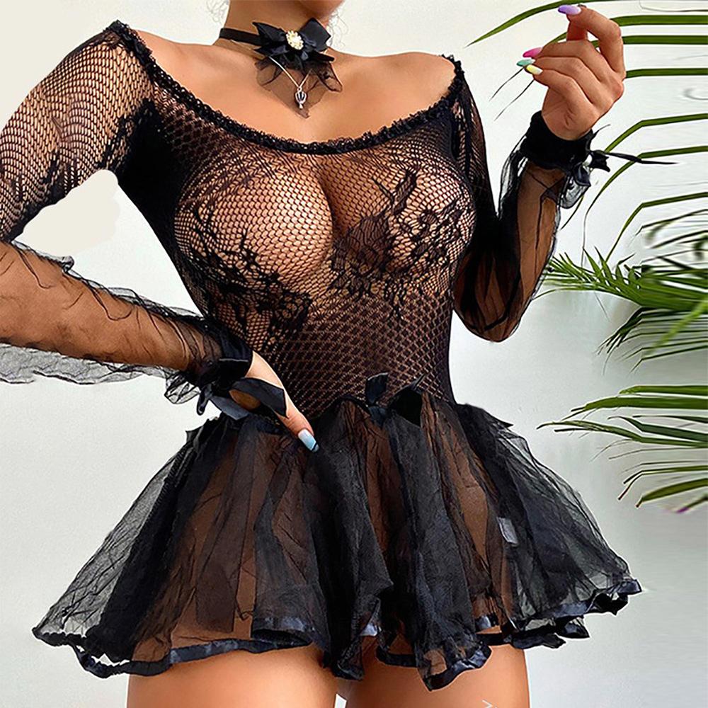 

Женщины Сексуальное белье Комплект видеть сквозь сетку кружева Мини платье Ночная одежда