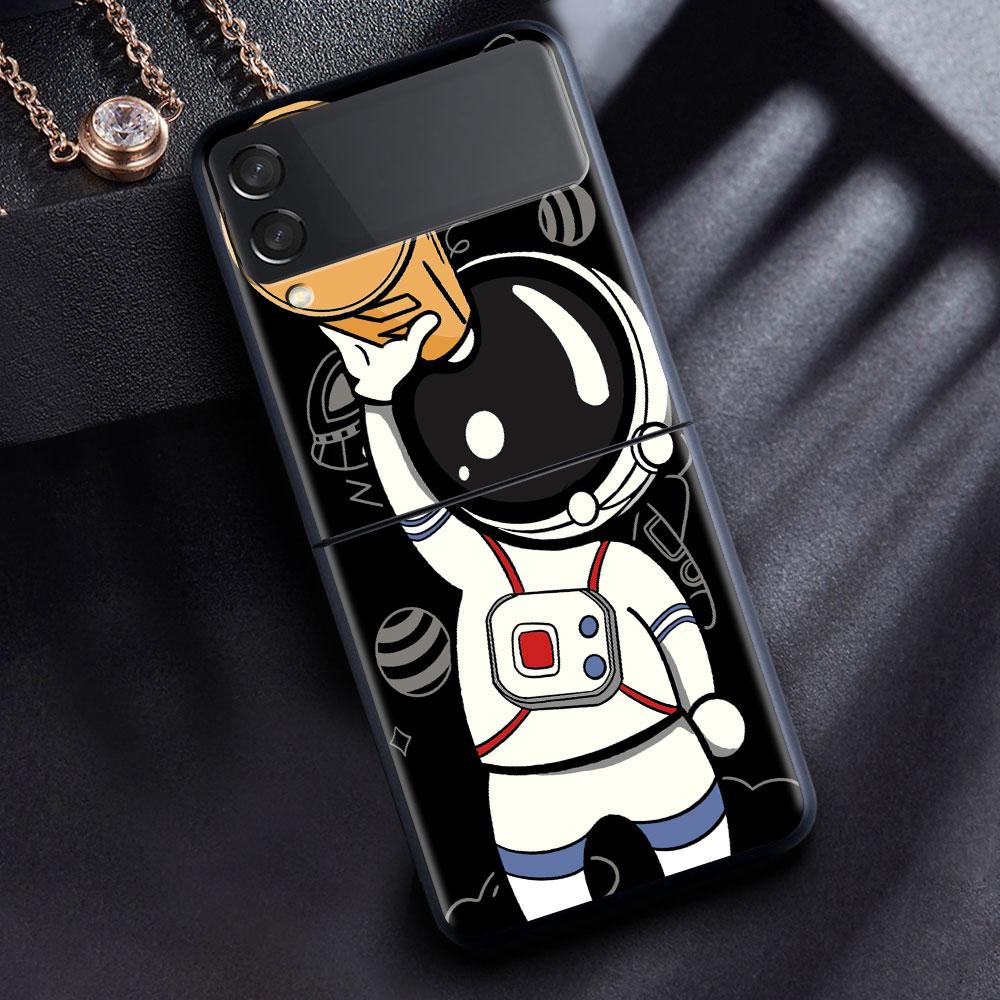 Case For Samsung Galaxy Z Flip 3 4 5G Black Hard PC Phone Housing Z flip4 Luxury Segmented Cover Cute Astronaut