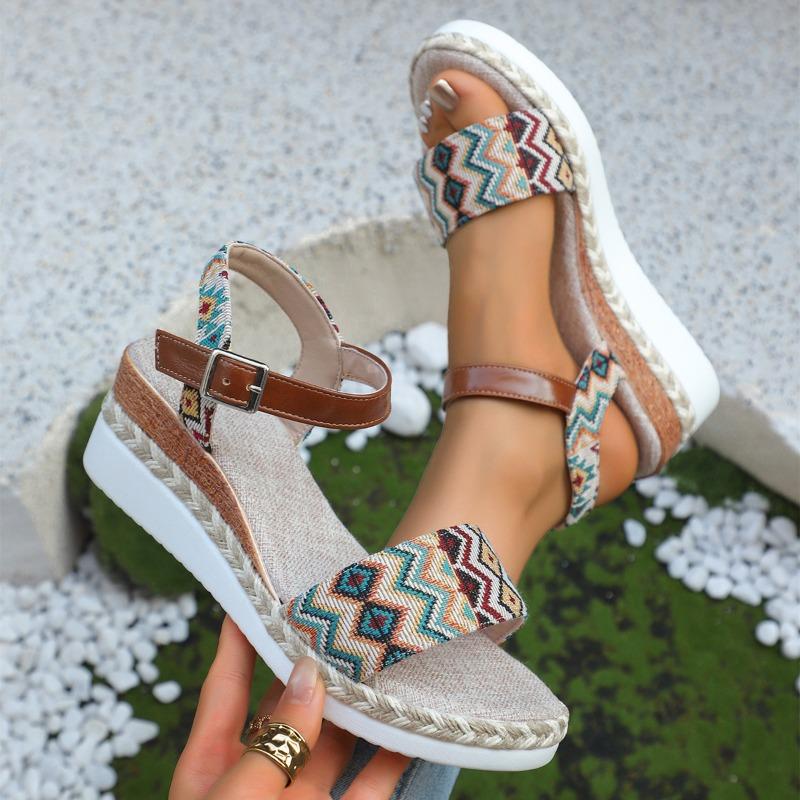 Women's Wide Width Roman Sandals, Color Blocking Wedge Heel Slides, Round Toe Platform Mules for Women
