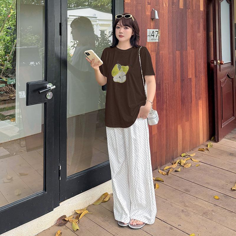Fat mm summer pullover round neck big pear print T-shirt new loose cool and thin top 272767