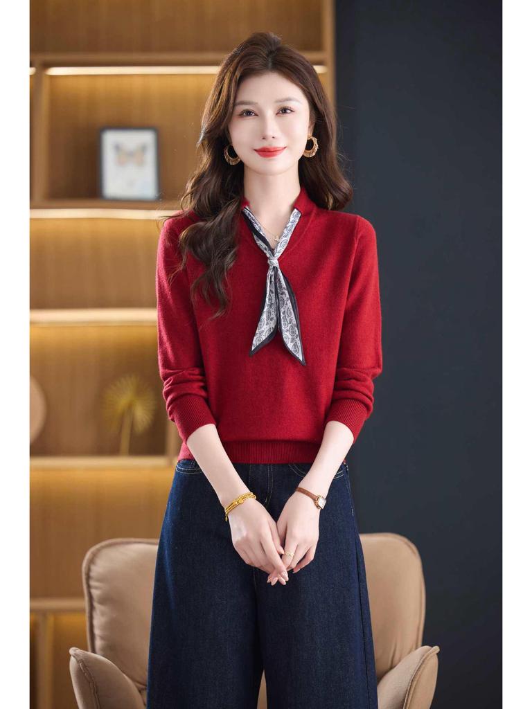 Autumn Bow V-Neck Wool Sweater - Stylish Women's Fashion, Versatile Base Wear for Moms