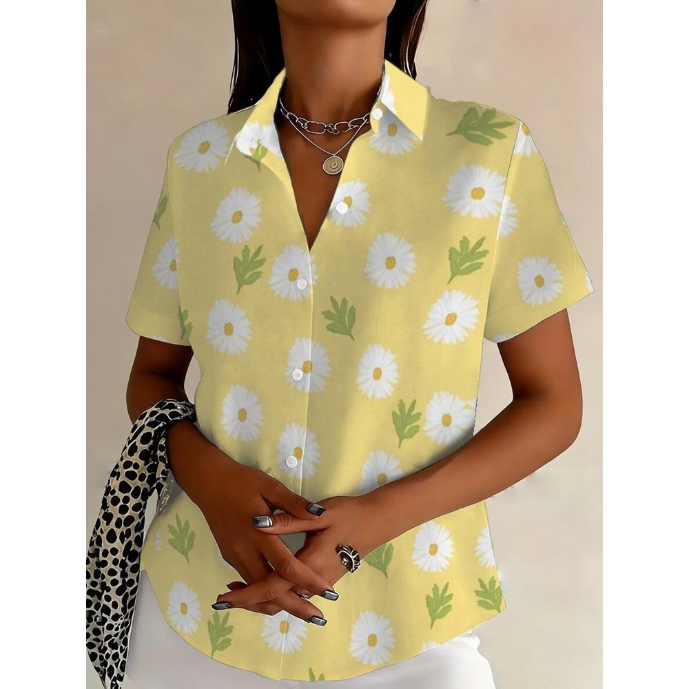 Plus Size - Plus Size - Women S Casual Short Sleeve Chrysanthemum Print Plus Size Button-Up Shirt S