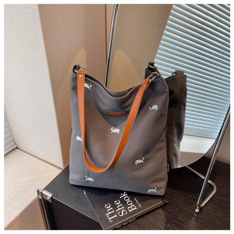 

Вышитая холщовая сумка с таксой, женская летняя сумка-тоут большой вместимости, сумка-хобо для通勤, универсальная студенческая сумка для занятий, на плечо