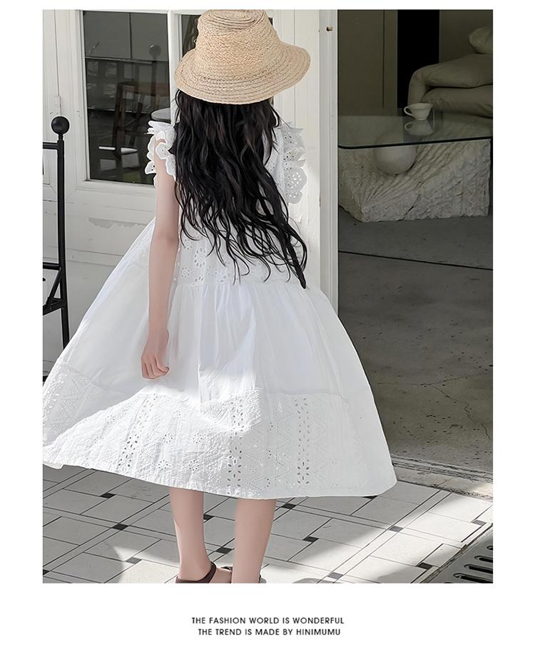 Girls' White Dress Summer Dress 2026 New Mid Size Children's Flying Sleeve Princess Skirt Hollowed Out Beach Skirt Stylish