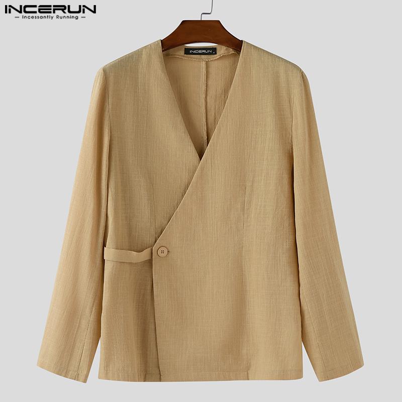 INCERUN Vintage Pánské Dlouhý Rukáv Přední Křížení Bavlna Ležérní Košile