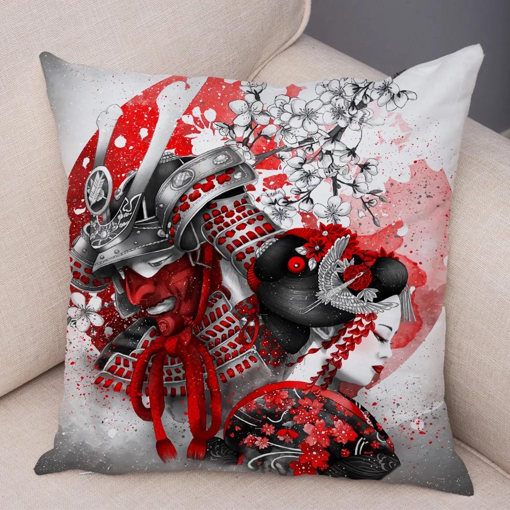 Japan Style Ink Warrior Cushion Cover for Sofa Home Double Print Decor Beautiful Scenery Girl Pillowcase Soft Plush Pillow Case