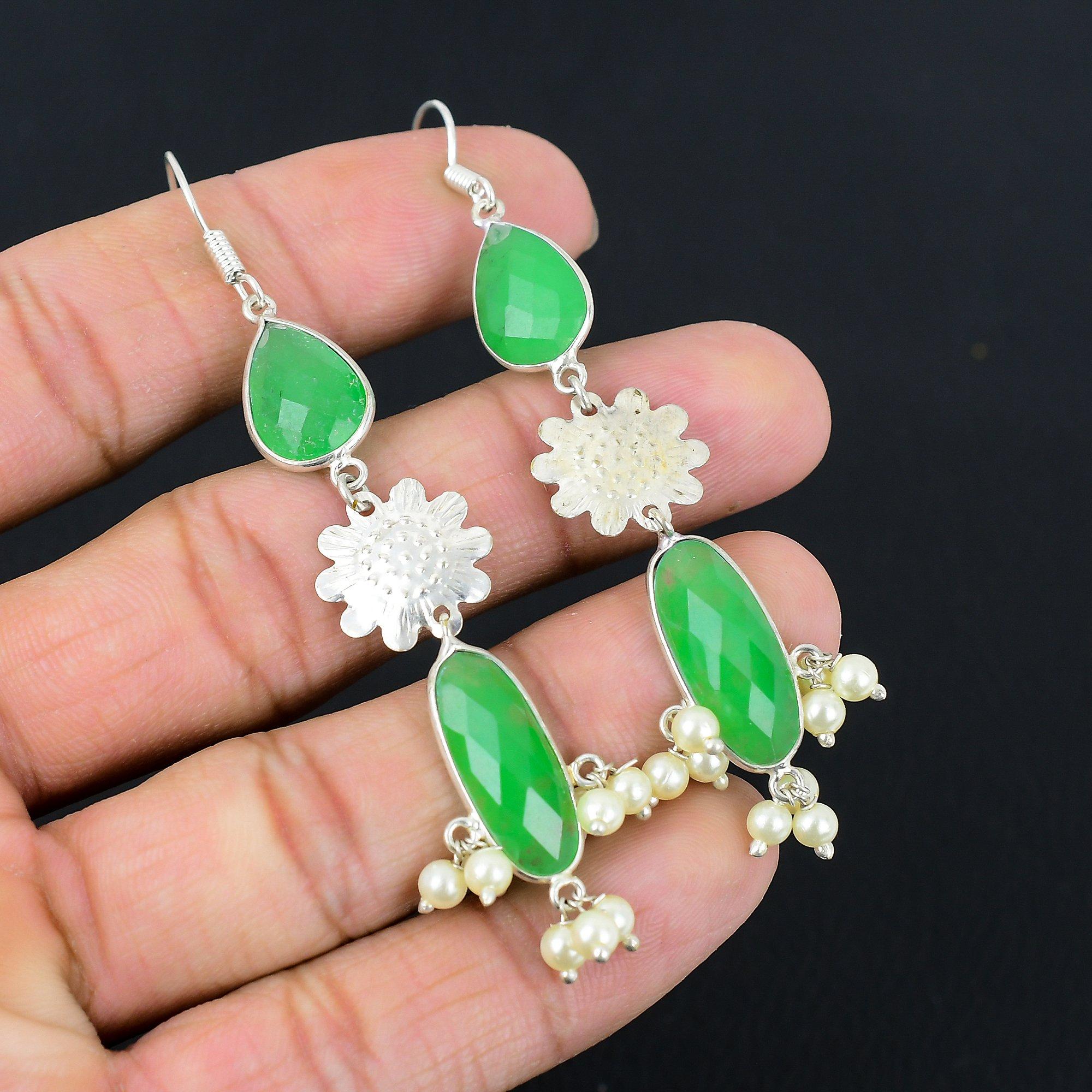 

925 Silver Oval Green Kyanite Stone Dangle Drop Ethnic Throat Chakra Earrings