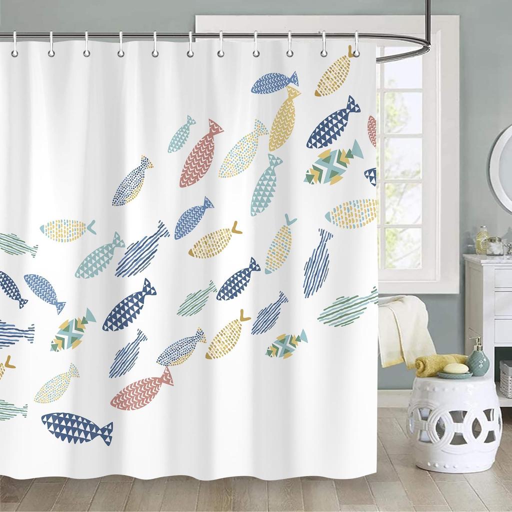 Colorful Fish Shower Curtain Ocean Swimming Fishes Cartoon Minimalist Washable Waterproof for Bathroom with Hooks