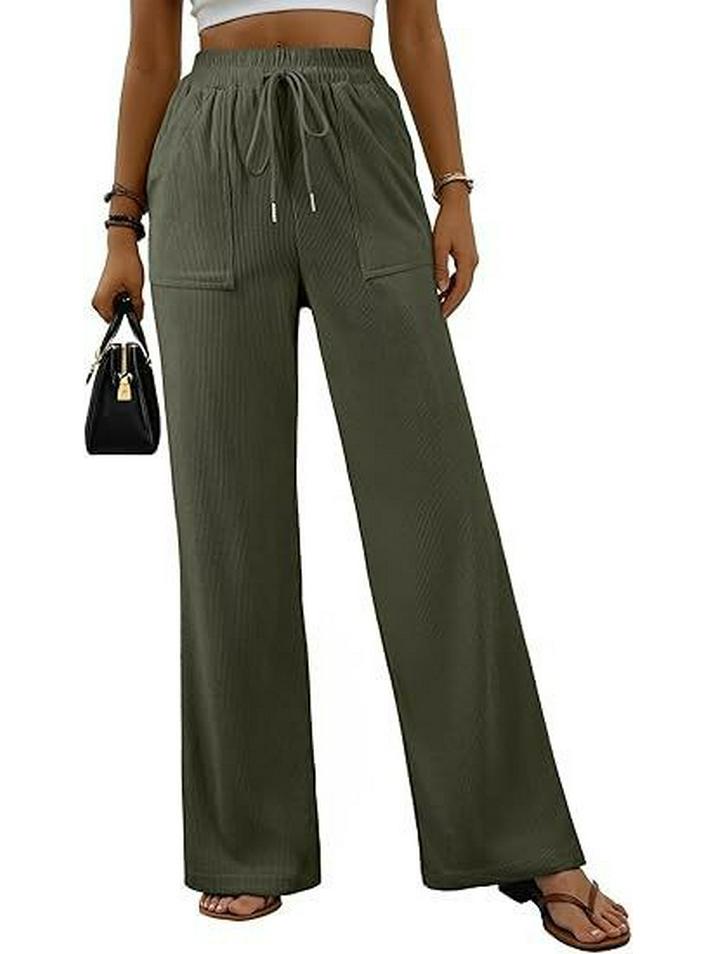 2026 Spring Elastic High Waist Lace-Up Corduroy Pants, Wide-Leg, with Pockets, Casual Long Trousers.