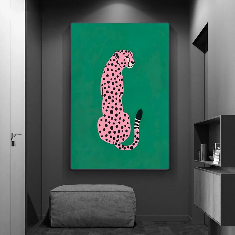 Rosa Gull Leopard Grønn Plakater og Trykk Lerretsmalerier Dyr Veggkunst Bilder for Moderne Stue Veggdekorasjon