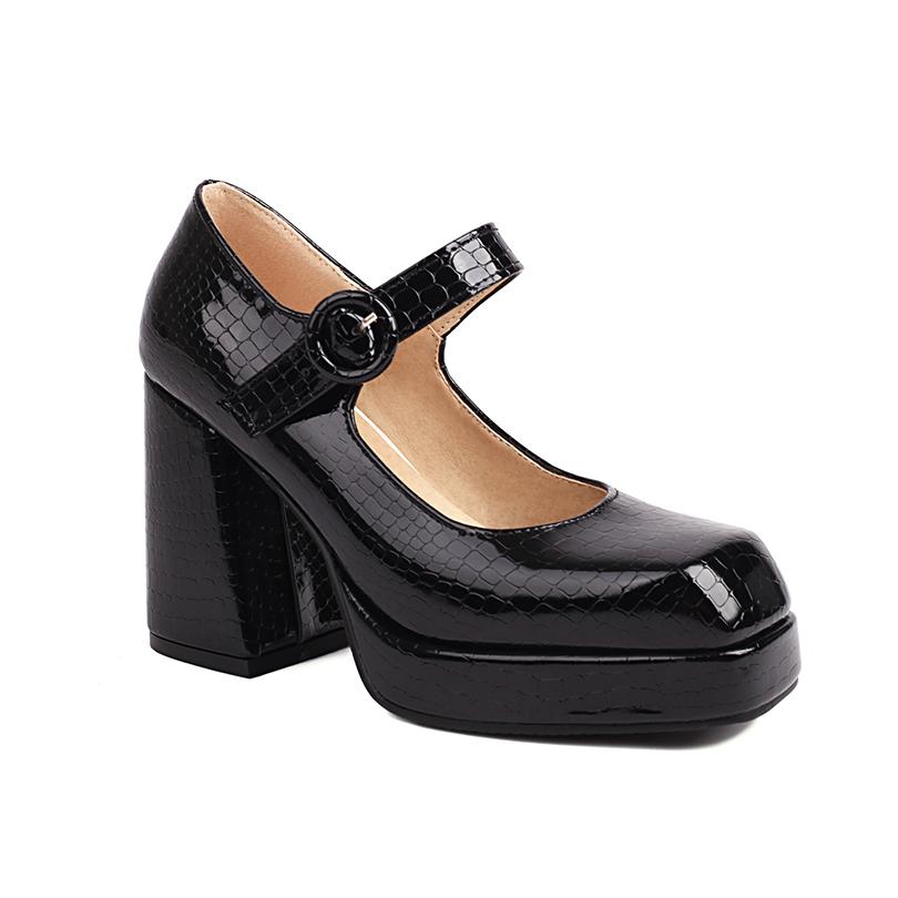 Plus Size Gingham Glossy Patent Leather Material Shallow Round Buckle Women's Pumps Square Toe Platform Thick Heel High Heels