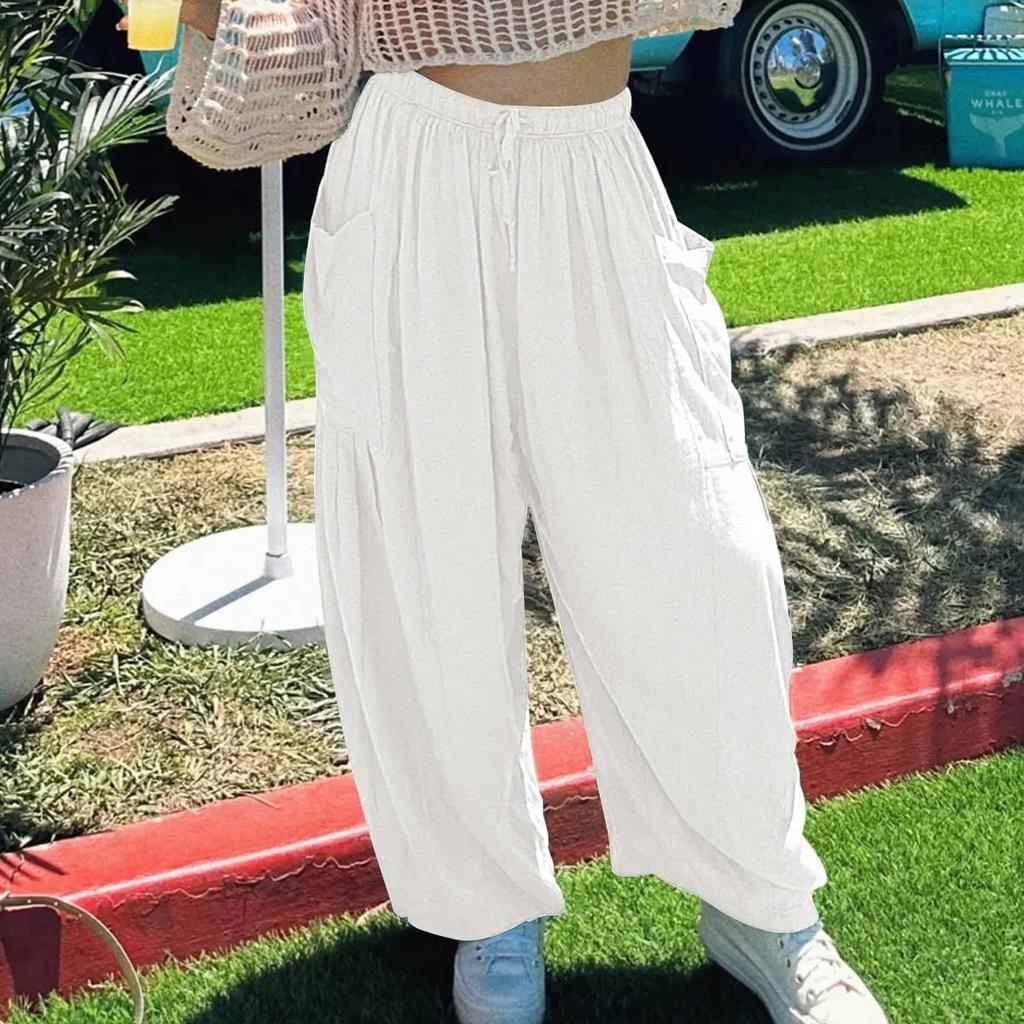 2026 Casual Lightweight Wide Leg Linen Pants Beach Palazzo Harem Trousers Women‘s Linen Wide Leg Pants Casual Loose Beach Palazzo Harem Pants