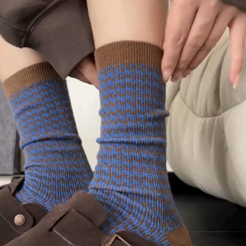 Striped Socks, Women's Mid-calf Socks, Autumn and Winter Pure Cotton Socks, Retro Checkered Spring and Autumn Long Socks, Pile Socks