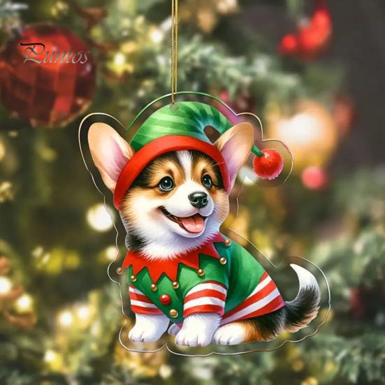 Ciondolo per auto a forma di cane con fiore in acrilico, 8 cm, facile da appendere, con corda, doppia faccia, visuali digitali 2D, decorazione da appendere per una visione realistica dell'albero di Natale dell'auto.