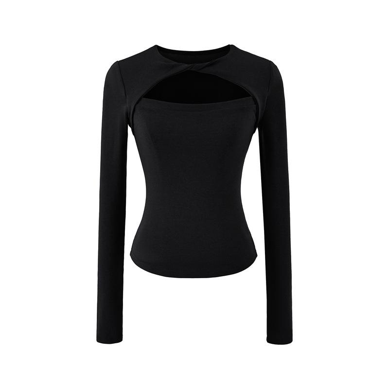 

Женская футболка с длинным рукавом, облегающая, с вырезом и закрученным воротником, в корейском стиле - Весенняя коллекция 2026 Small