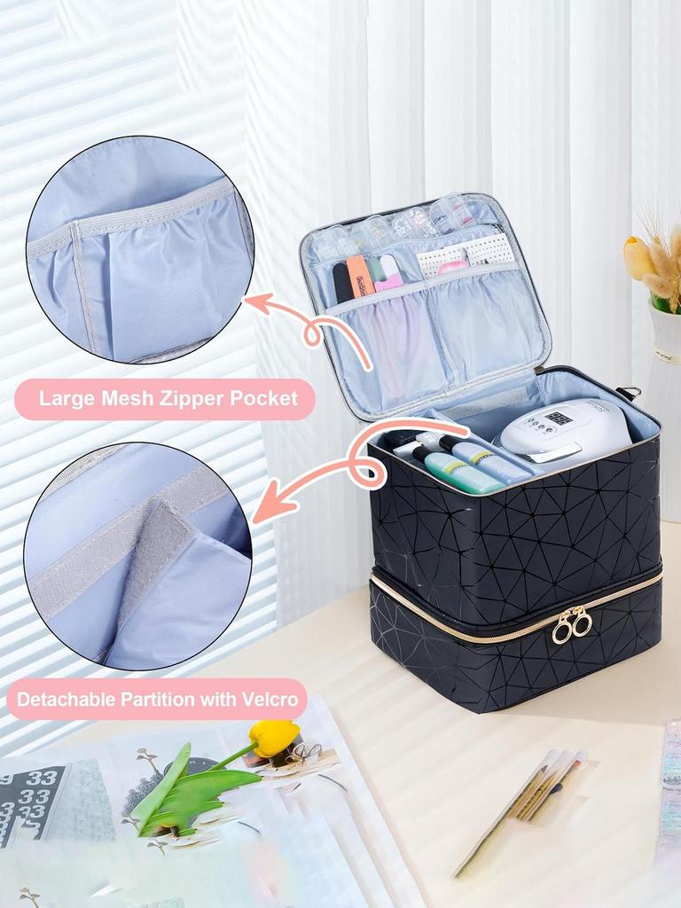 Double-Layer Makeup and Nail Polish Storage Bag - Holds 30 Bottles, Fashionable Large Capacity Handbag for Manicure Tools.
