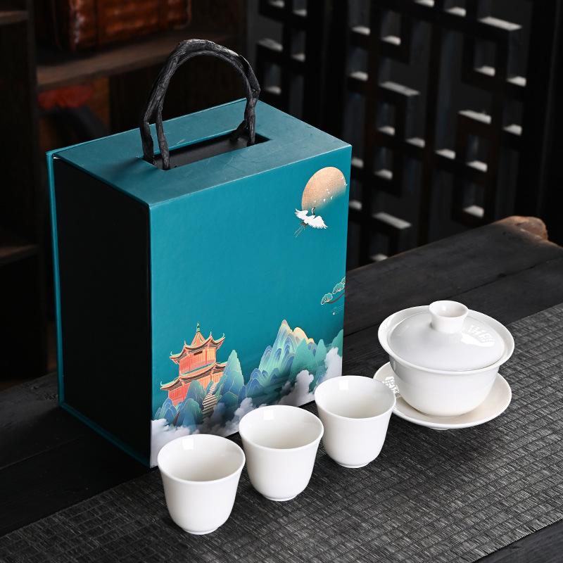 Dehua Suet Jade Porcelain Kung Fu Tea Set Gift Box, Thousands of Miles of Jiangshan, the Whole Set of Activities Accompanied by Hand Gifts