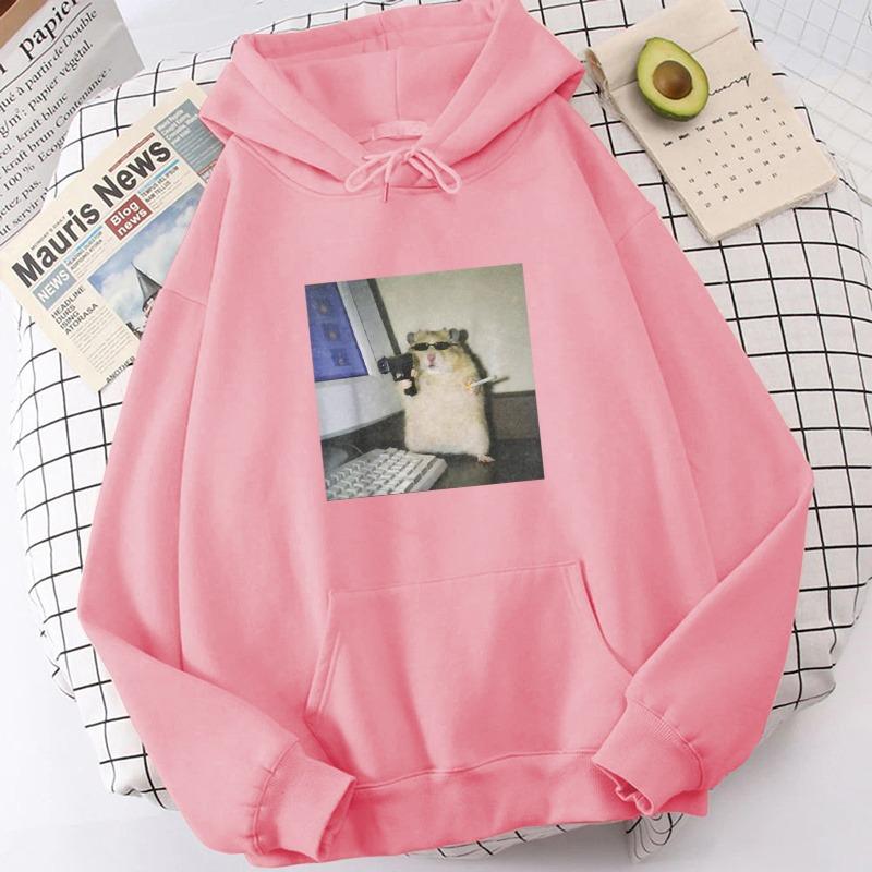 Cyber Hamster Meme Cringe Funny Animal Vintage Graphic Hoodie for Men Women Long Sleeved Loose Casual Neutral Sweater Tops