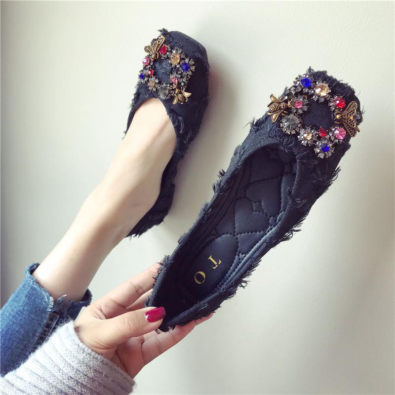 Autumn Fashionable All-match Rhinestone Square Buckle Square Toe Cloth Flat Heel Single Shoes Women's Soft Sole Moccasins