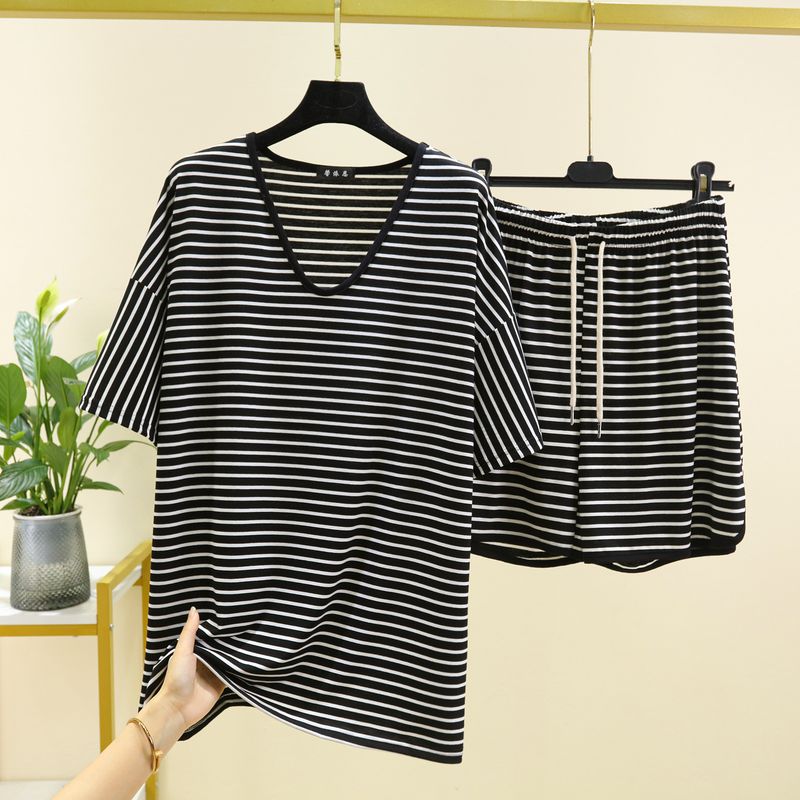 

Modal V Neck Striped Suit Women s Summer Thin Pajamas Casual Plus Size Loose Suitable for Daily Wear Homewear Two-piece Set Black Stripes XL (55.00 kg-70.00 kg recommended