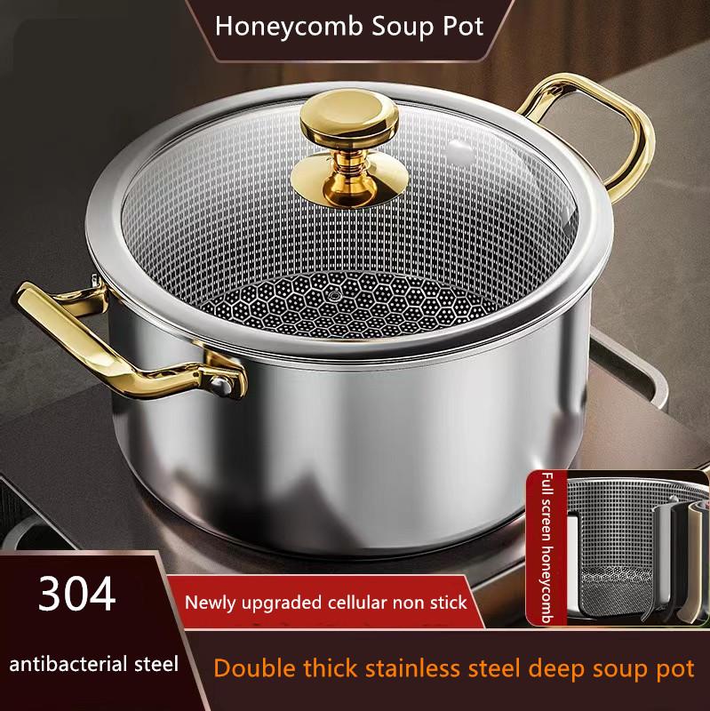 Stainless Steel Soup Pot Honeycomb Non-stick Pot with Lid Household Hot Pot Induction Cooker Gas Stove Universal Frying Pan