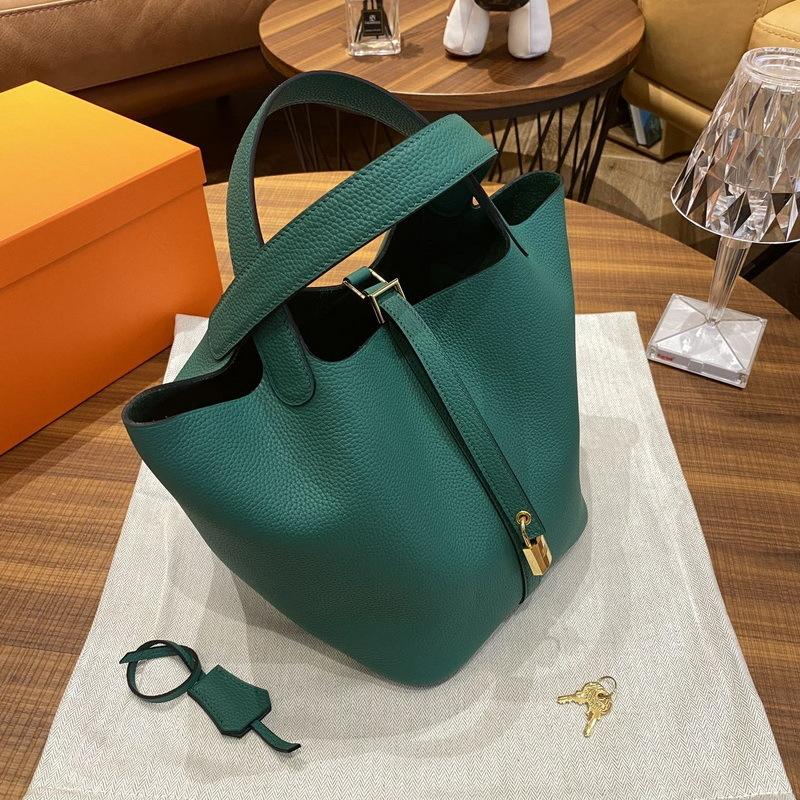 New Genuine Leather Women's Bag Head Layer Leather TOGO Leather 1822CM Vegetable Basket Handheld Bucket Bag Cross Border