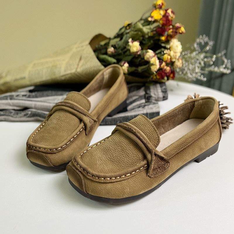 Beef tendon soft sole soft leather single shoes women's 2025 spring and autumn matte leather low heel beanie shoes soft surface mother shoes