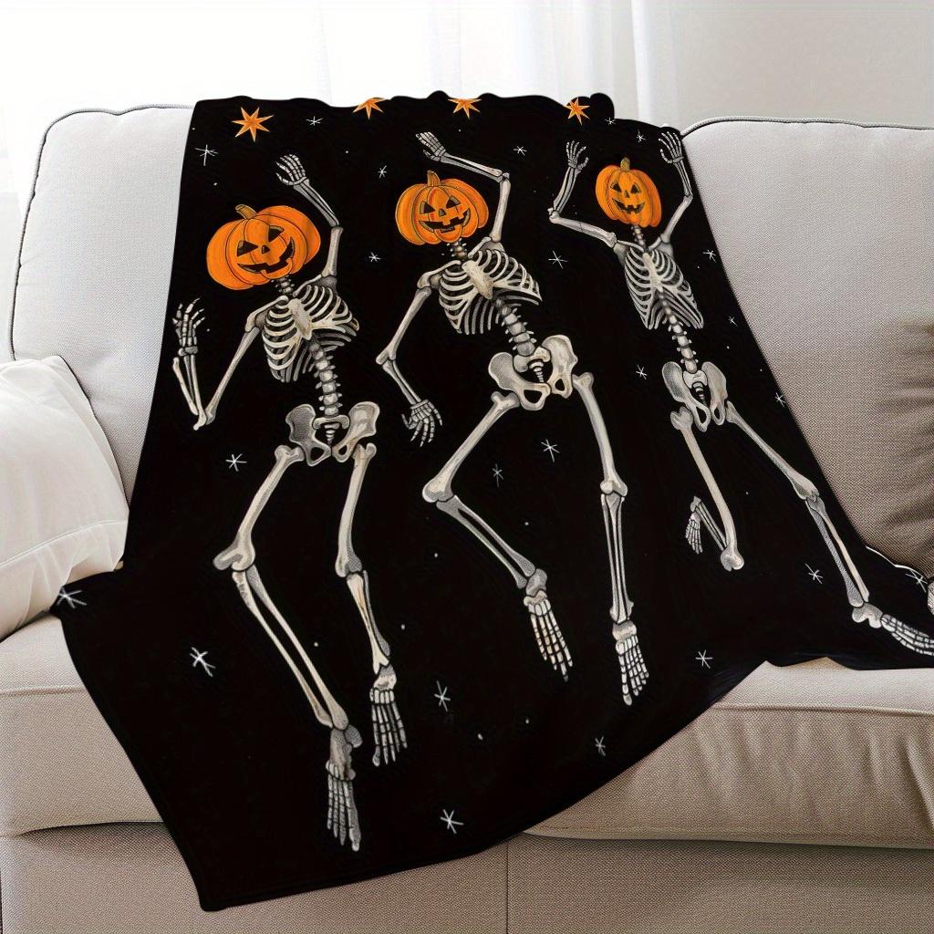 Spooky Pumpkin Skeletons Halloween Theme Blanket - Cozy Warm Holiday Decorative Throw for Naps, Camping, Travel & Car