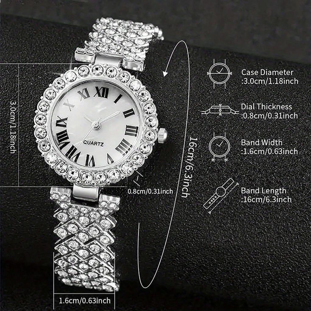 2-piece Ladies' Roman Scale Full Diamond Quartz Watch Heart Bracelet Accessory Set Suitable For Daily Wear