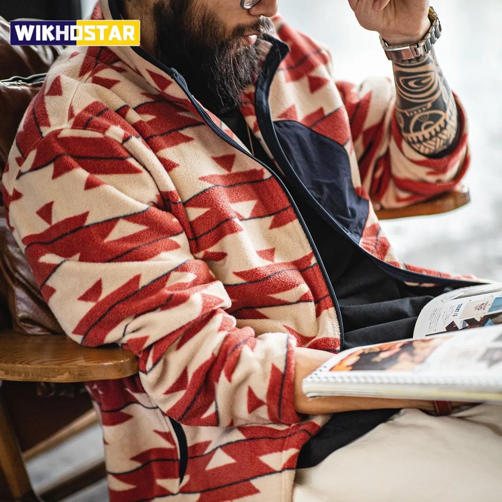 Giacca con zip intera in pile da uomo Maden con motivo Navajo, colletto alto, cardigan vintage per la primavera, cappotto casual da esterno comodo