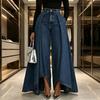 Women Pants High Waist Buttons Zipper Closure Denim Pants with Pockets Irregular Large Hem Wide Leg Solid Color Casual