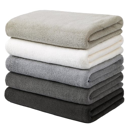 Oseamaid Large Bath Towels, 5-Piece Set, 5 Colors, Microfiber Towels, Absorbent, Quick-Drying, Antibacterial, and Odor-Resistant (White, Gray, Light G