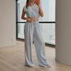 Amazon Women's New Casual Sports Style Crew Neck Sleeveless Short Top Drawstring Wide Leg Pants Set