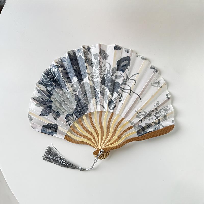 Chinese Style Women's 7-inch Silk Cloth Folding Fan Keel Bamboo Fan Summer Cooling Creative Fan Children's Dance Fan